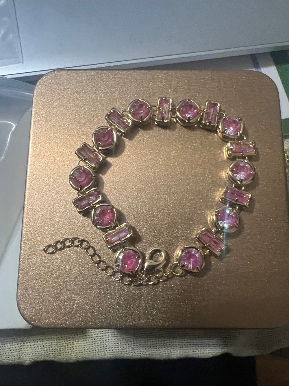 Gold-Tone Pink Crystal Tennis Bracelet